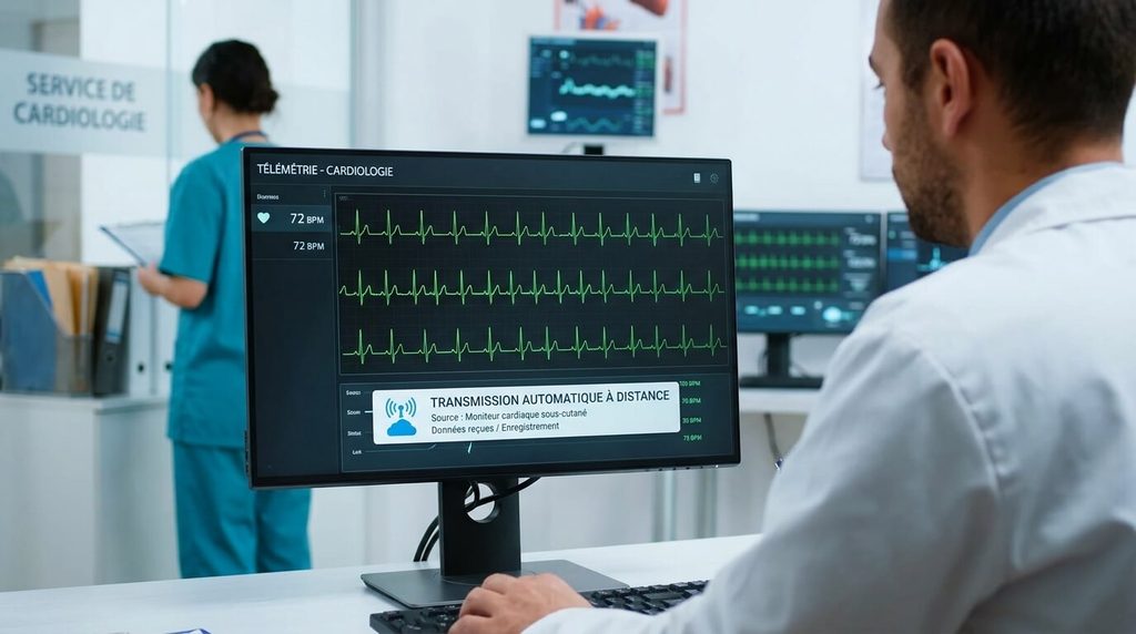 Tracé électrocardiogramme transmis automatiquement à distance vers le service de cardiologie.