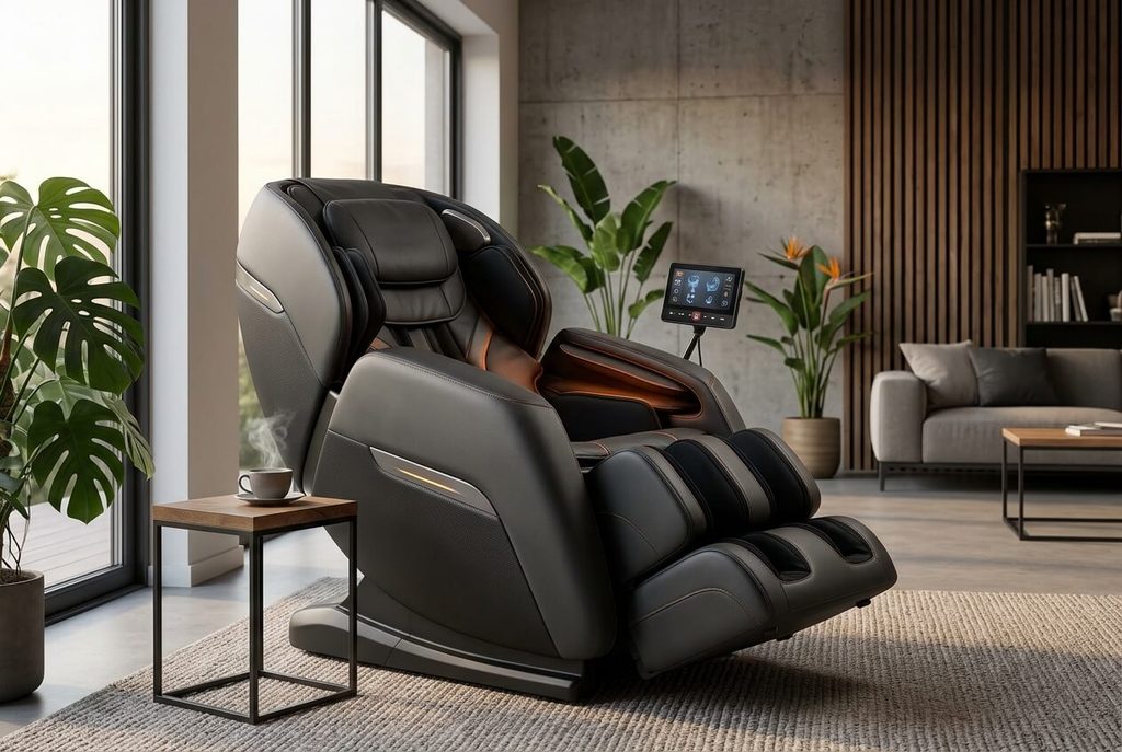 TOP 5 des meilleures marques de fauteuils massants chauffants 3 Fauteuil massant et chauffant incliné en position gravité zéro dans un intérieur moderne.