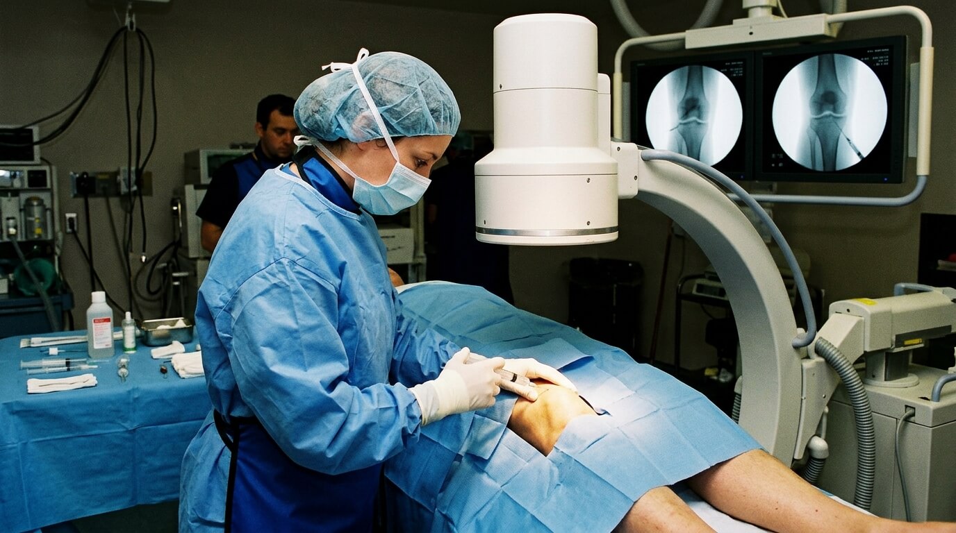 Radiologue réalisant une infiltration de corticoïdes sous contrôle radiologique dans l'articulation du genou.
