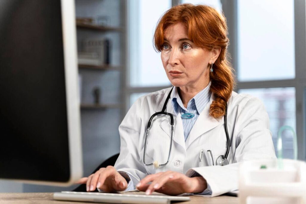 Les critères pour bien choisir son logiciel de cabinet médical 2 Médecin consultant le dossier médical d'un patient sur un écran d'ordinateur en cabinet.