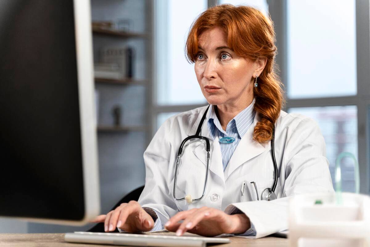 Médecin consultant le dossier médical d'un patient sur un écran d'ordinateur en cabinet.