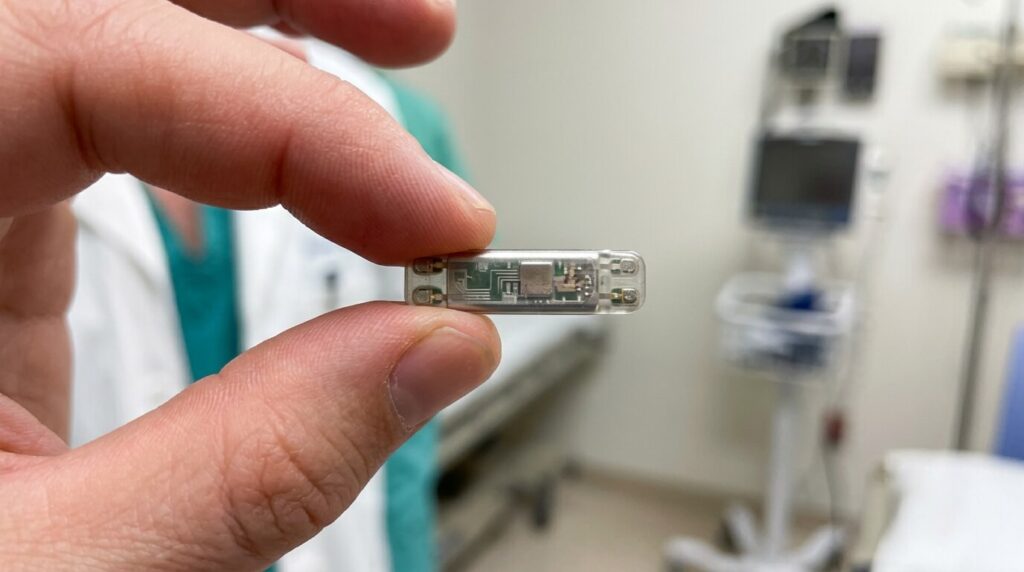 Minuscule moniteur cardiaque sous-cutané Reveal de la taille d'une barrette tenu entre les doigts.