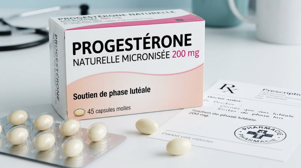 Peut-on avoir ses règles sous progestérone ? 2 Boîte de capsules molles de progestérone naturelle prescrites en soutien de phase lutéale.
