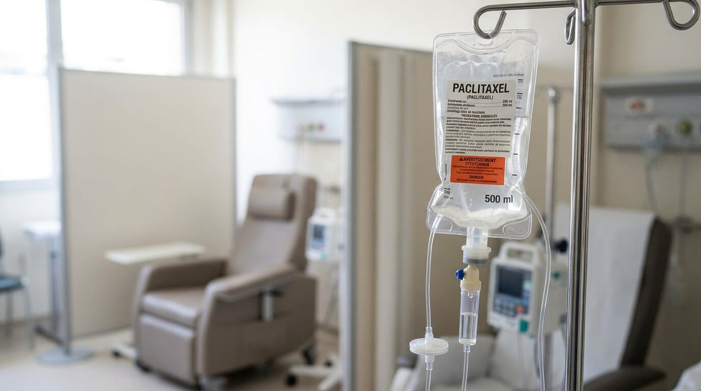 Poche de perfusion de paclitaxel administrée en hôpital de jour en oncologie.