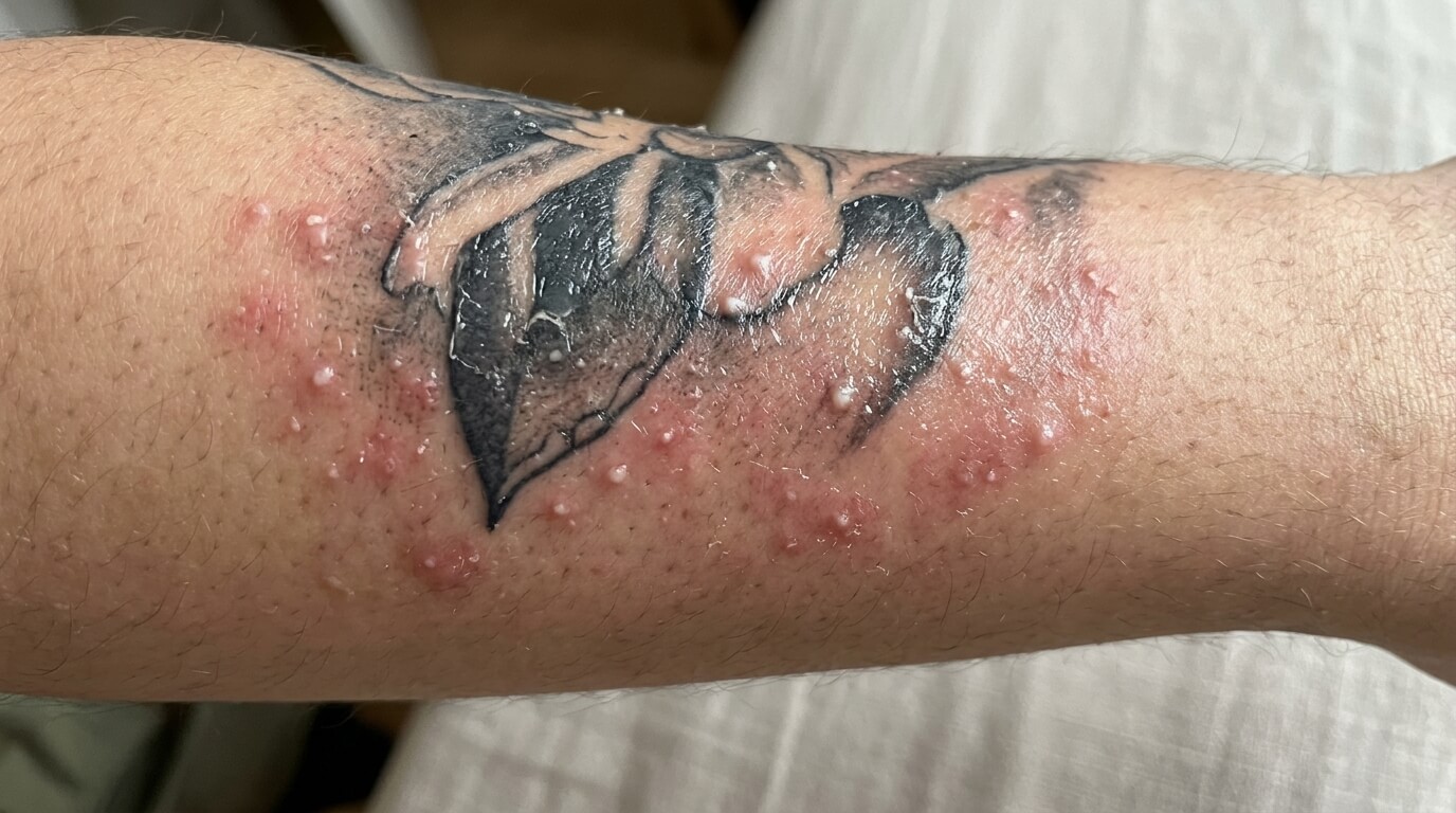 Petits boutons blancs et rougeurs apparus sur un tatouage récent en cours de cicatrisation.