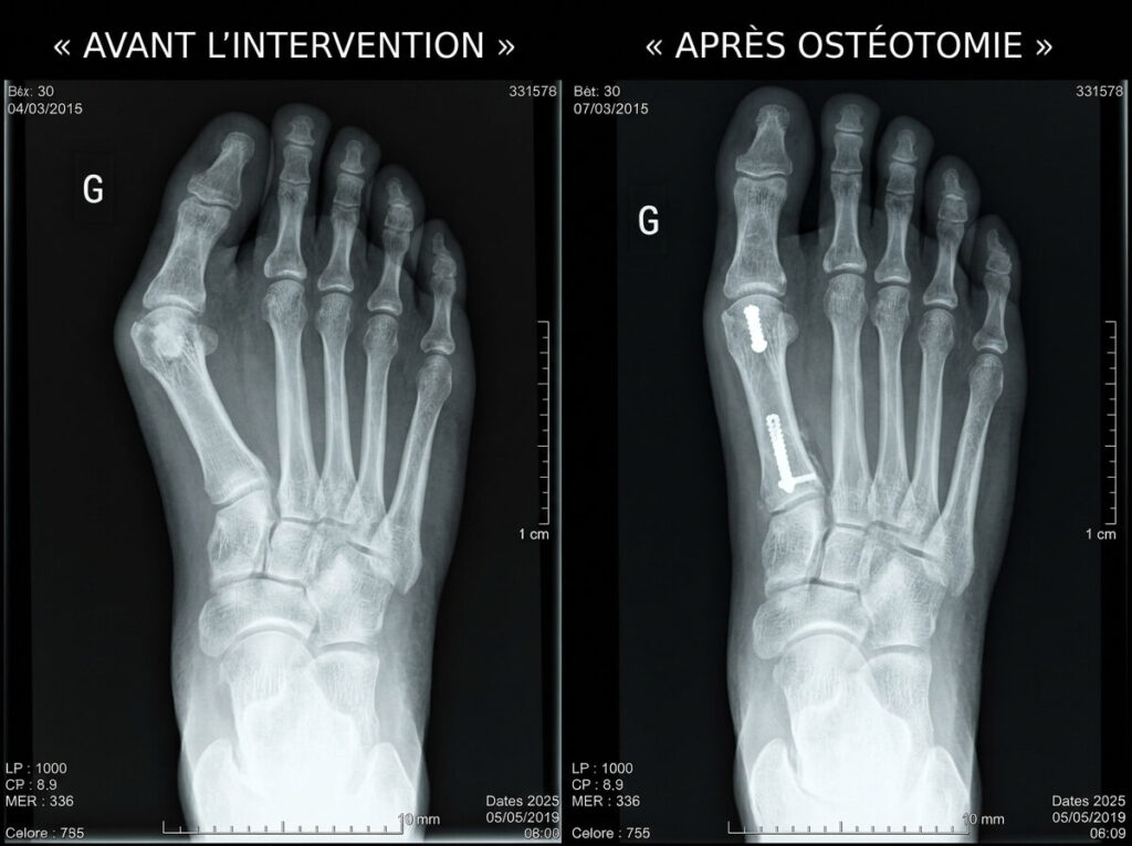 La chirurgie de l’hallux valgus : ce qu’il faut savoir 2 Radiographie comparant la déviation de l'hallux valgus avant l'intervention et l'alignement osseux après ostéotomie.