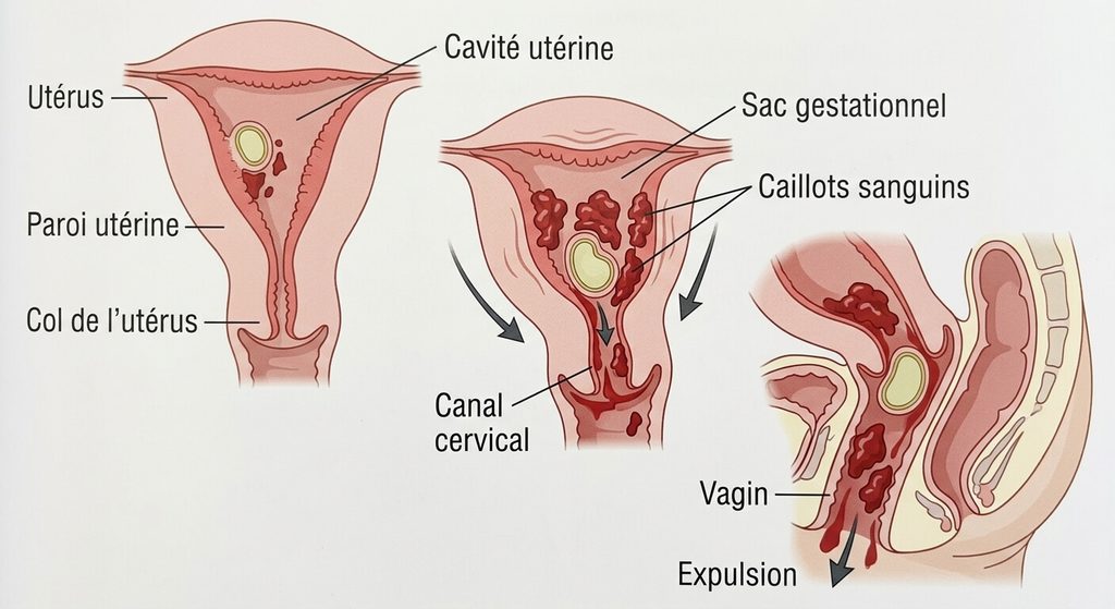 Représentation médicale simplifiée de l'expulsion du sac gestationnel et des caillots sanguins.