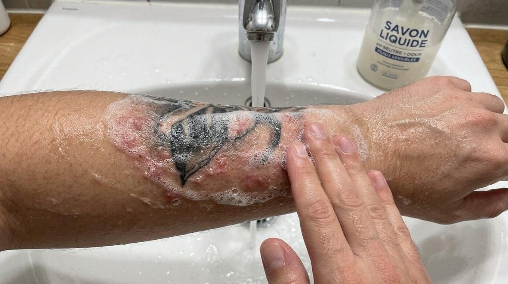 Boutons sur un tatouage : causes, erreurs de crème et solutions 3 Lavage doux d'une zone tatouée irritée avec un savon liquide au pH neutre.