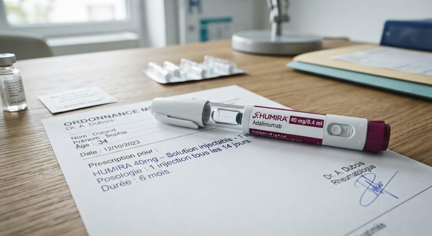Stylo d'auto-injection pour biothérapie anti-TNF posé sur une ordonnance médicale.