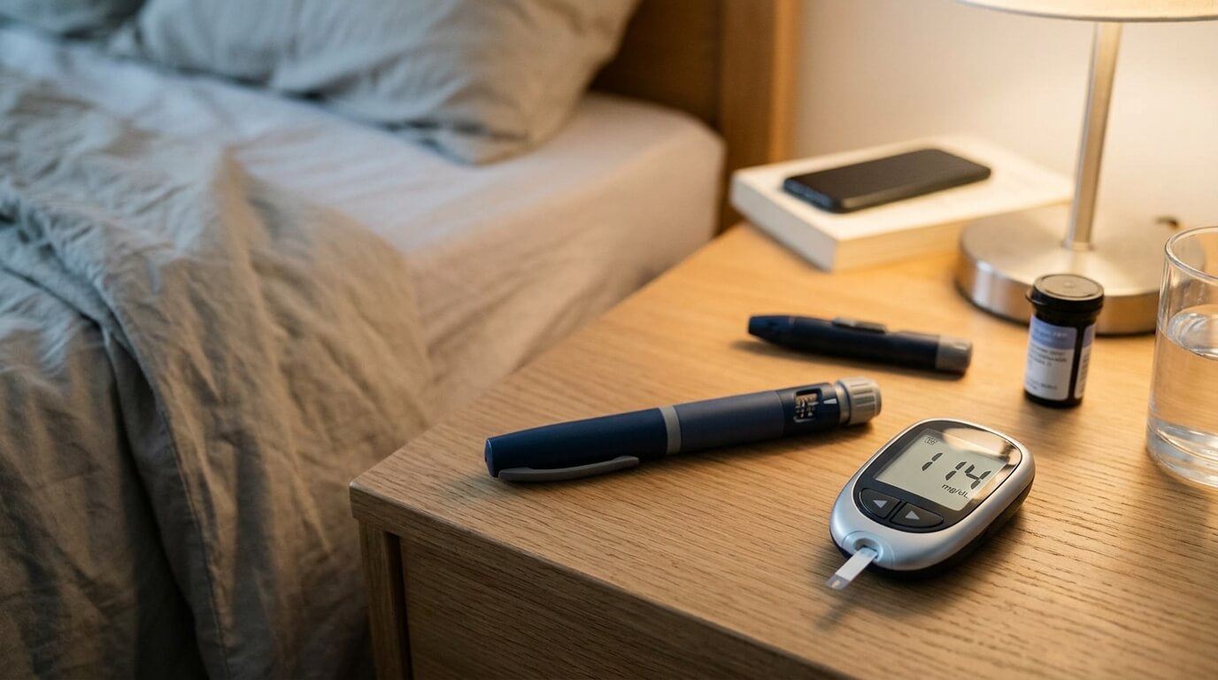 Stylo injecteur d'insuline basale posé sur une table de chevet à côté d'un lecteur de glycémie.