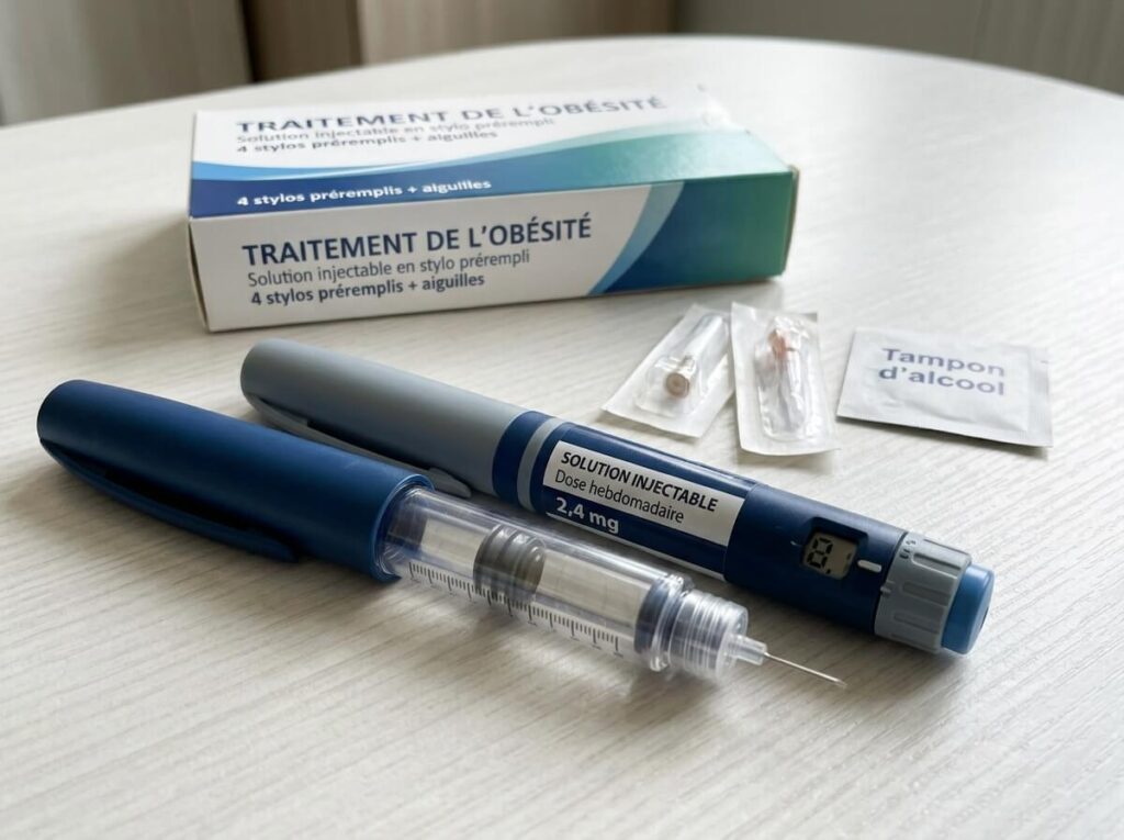 Médicaments anti-obésité : comment agissent-ils et qui peut vraiment en bénéficier ? 2 Stylos injectables de traitements contre l'obésité présentés à côté d'un carnet de suivi médical.