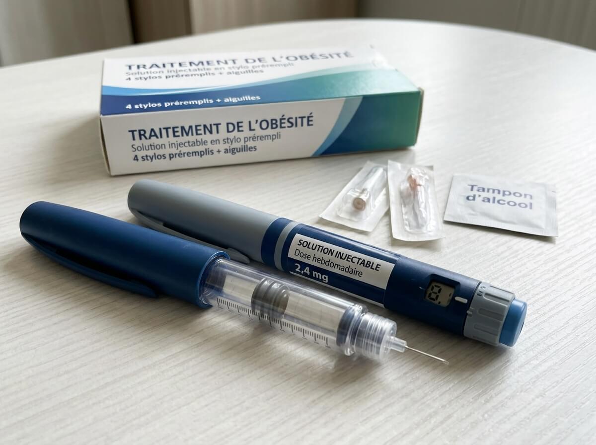 Stylos injectables de traitements contre l'obésité présentés à côté d'un carnet de suivi médical.