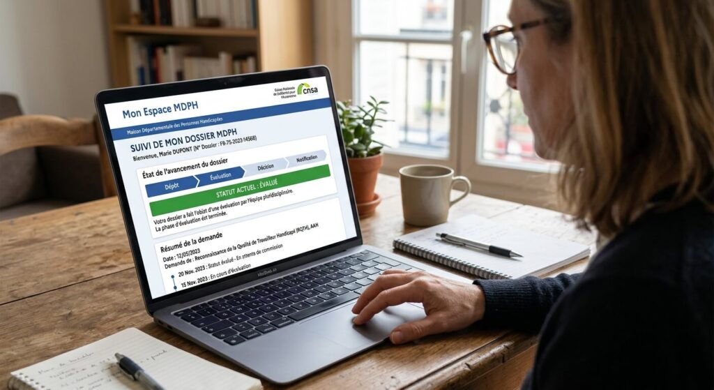 Écran de suivi de dossier MDPH en ligne affichant la mention statut évalué.