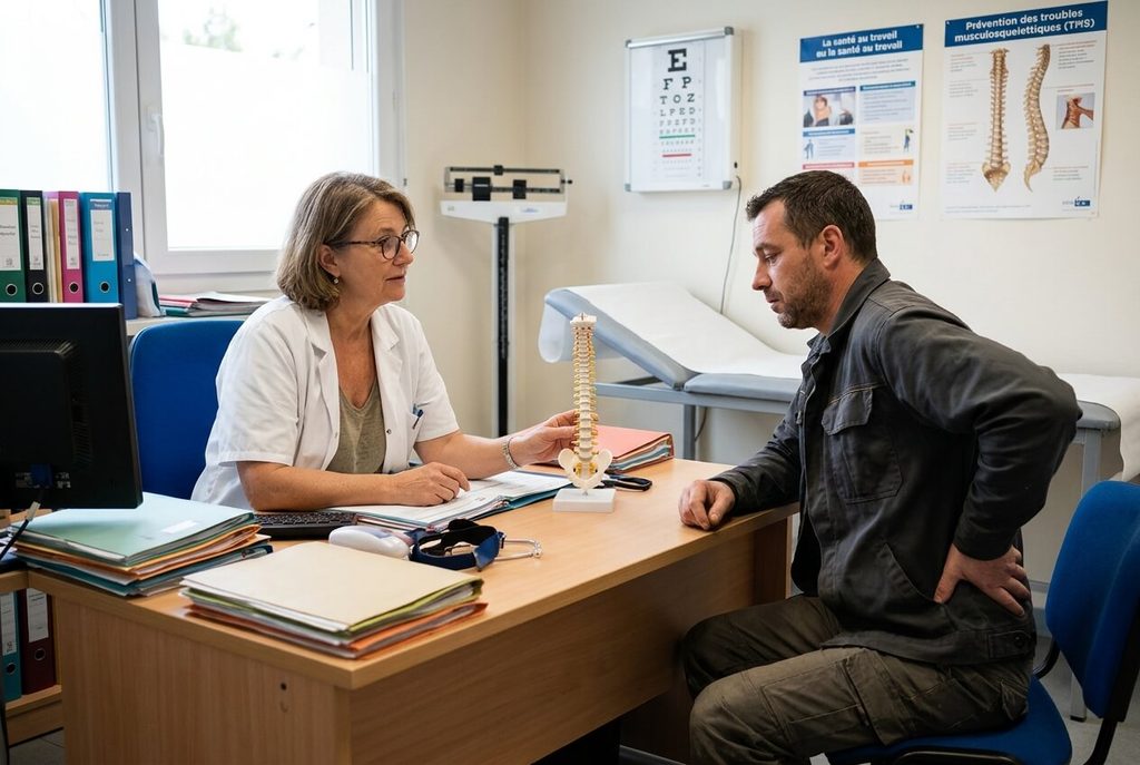Bombement discal et arrêt de travail : durée, reprise et droits 3 Entretien entre un salarié souffrant du dos et le médecin du travail.